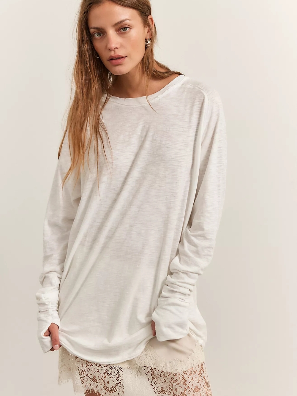 Free People White Slub Crewneck Long-Sleeve Tee Size Small